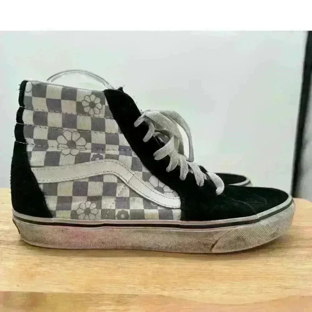 Vans High Top Lace-Up Sneakers - Purple & White Floral‎ Checkered - W 9.5 M 8
